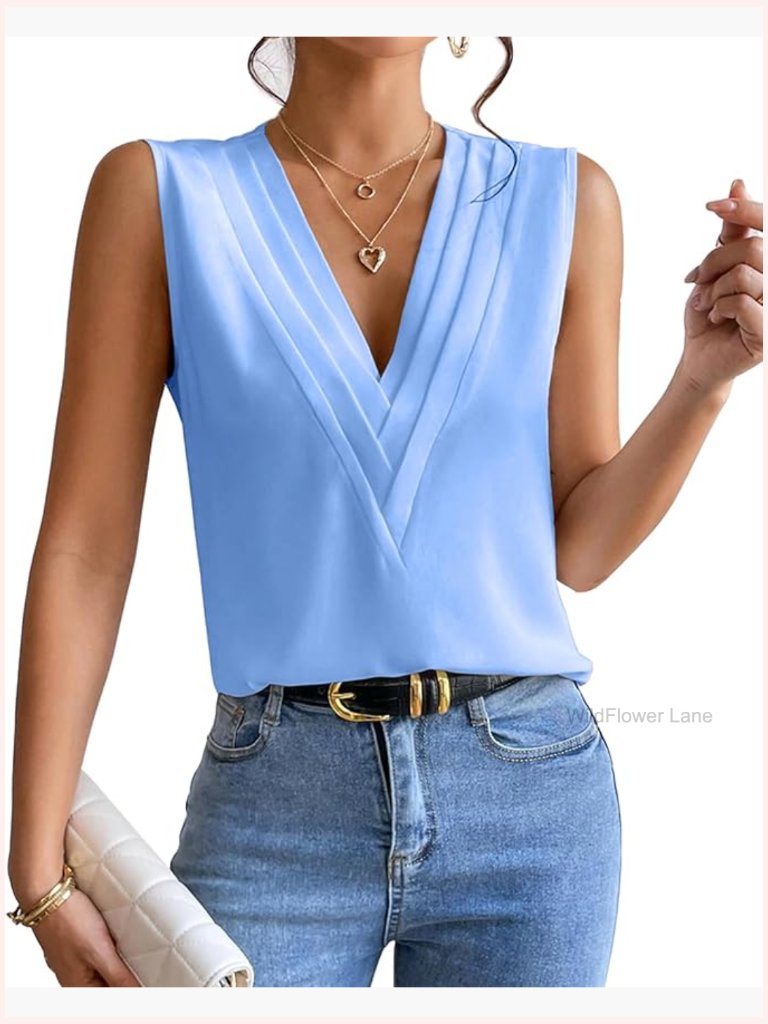 Sleeveless Chiffon V-Neck Top Triple Layer Blouse Office Dressy